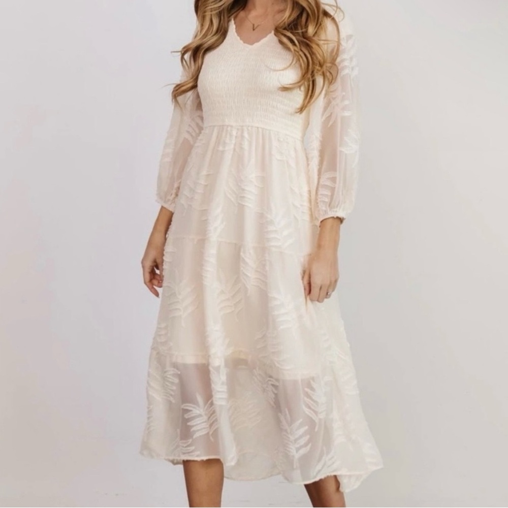 Baltic Born Cream Smocked Textured Midi Dress